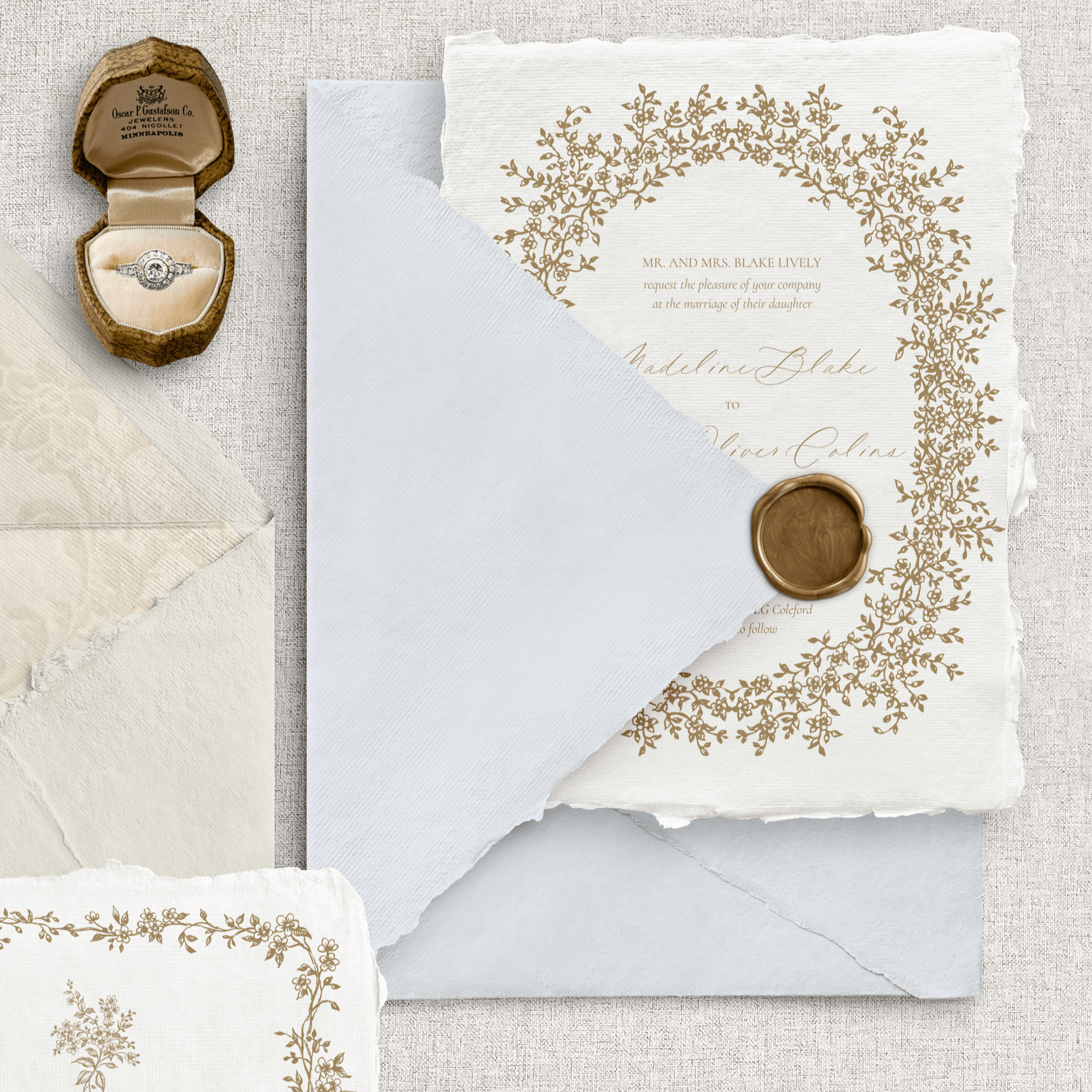 Invitații nuntă semi personalizate cu detalii aurii și monogramă fine art – hârtie manuală Diandra Events