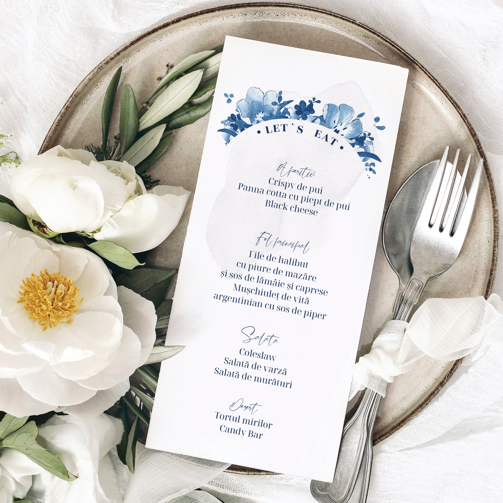 Meniu nuntă individual carton premium, decor floral clasic – Diandra Events.
