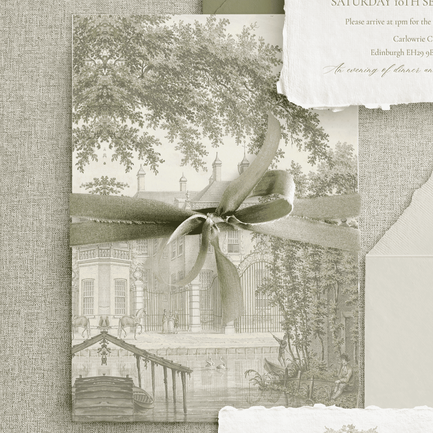 Invitație nuntă hârtie vellum cu panglică din mătase, papetărie handmade elegantă de lux fine art – Diandra Events