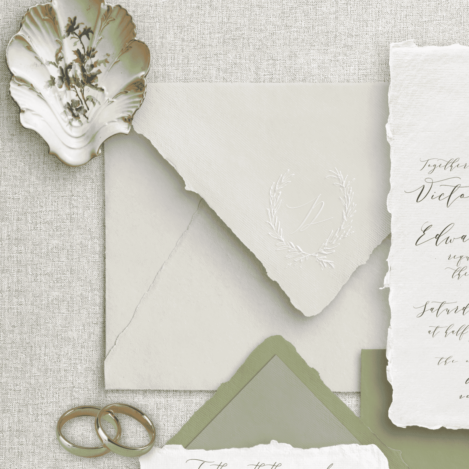 Luxury wedding invitation sage green – hârtie handmade cu margini deckle edge – Diandra Events