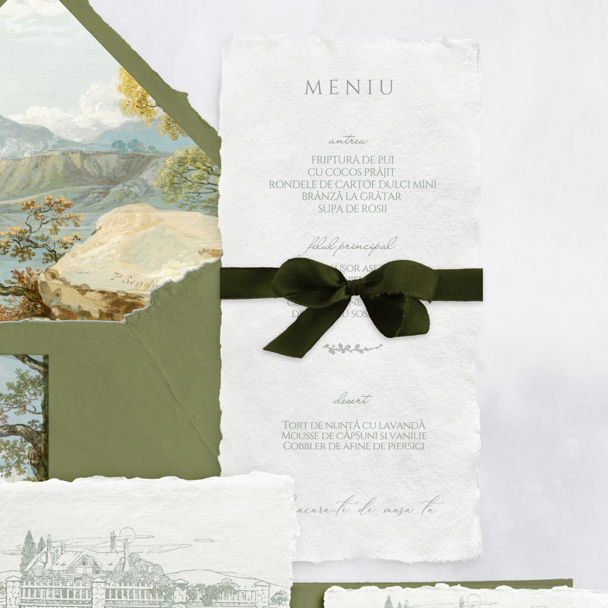 Meniu de nuntă handmade elegant, realizat manual de Diandra Events pe hârtie texturată de înaltă calitate.