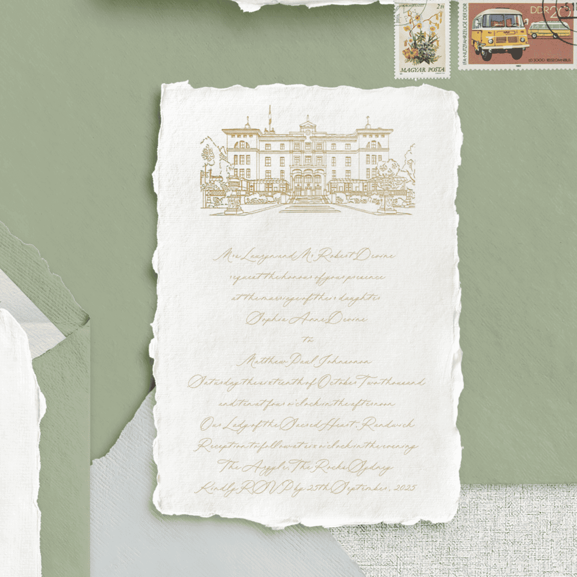 Invitație nuntă hârtie manuală handmade cu ilustrația locației, design elegant și personalizat de lux – Diandra Events