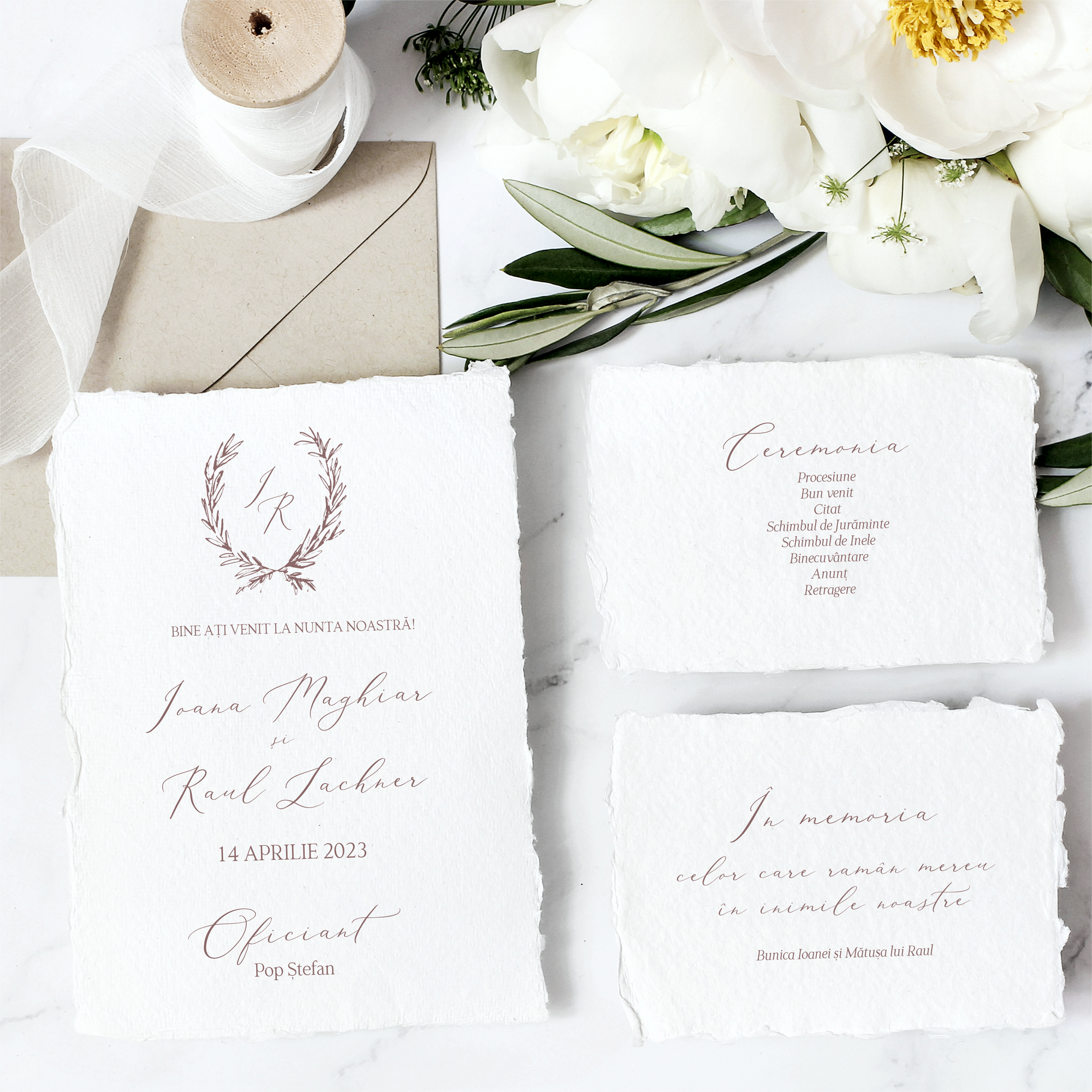 Invitație florală handmade de lux, realizată pe hârtie manuală, unică și personalizată Diandra Events