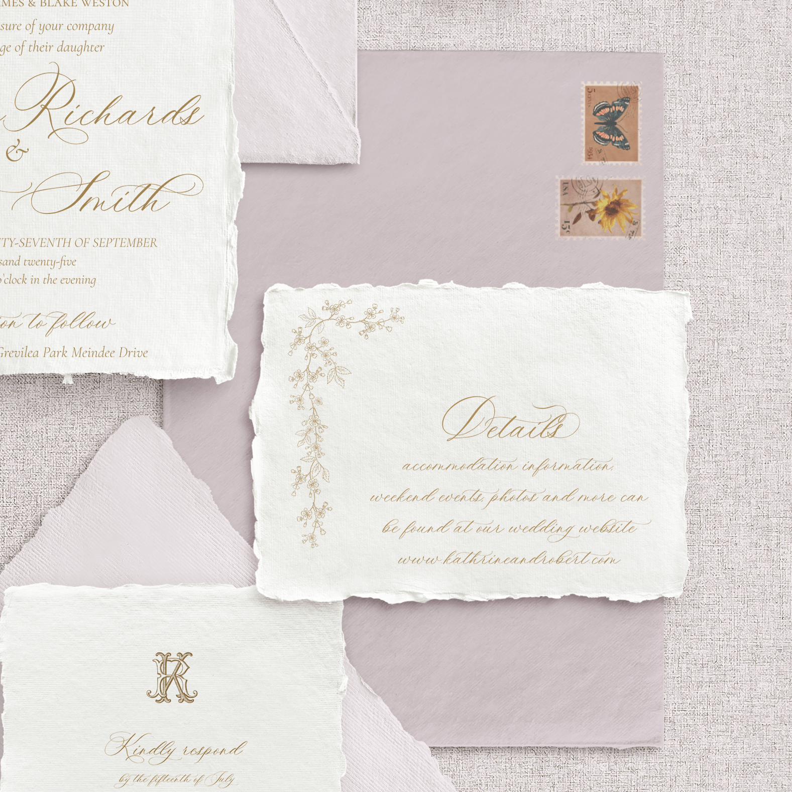Invitație nuntă romantică cu flori pictate manual – hârtie handmade deckle edge – Diandra Events