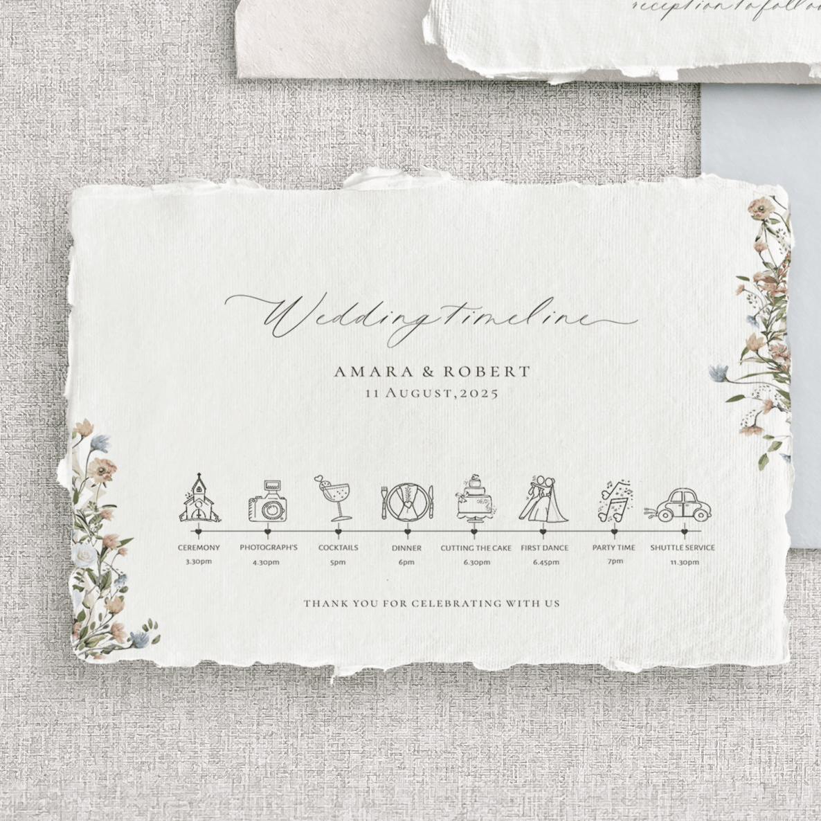 Card de detalii pentru nuntă, cu monogramă și flori pictate în acuarelă, pe hârtie texturată de Diandra Events