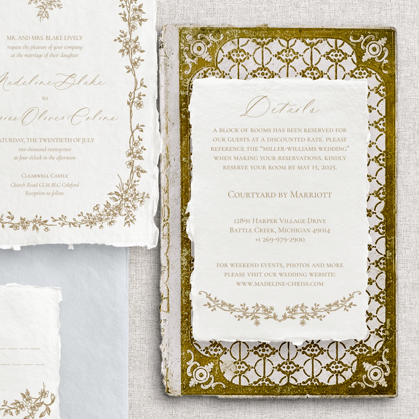 Set papetărie nuntă elegantă cu embosare aurie pe hârtie handmade de bumbac – Diandra Events România