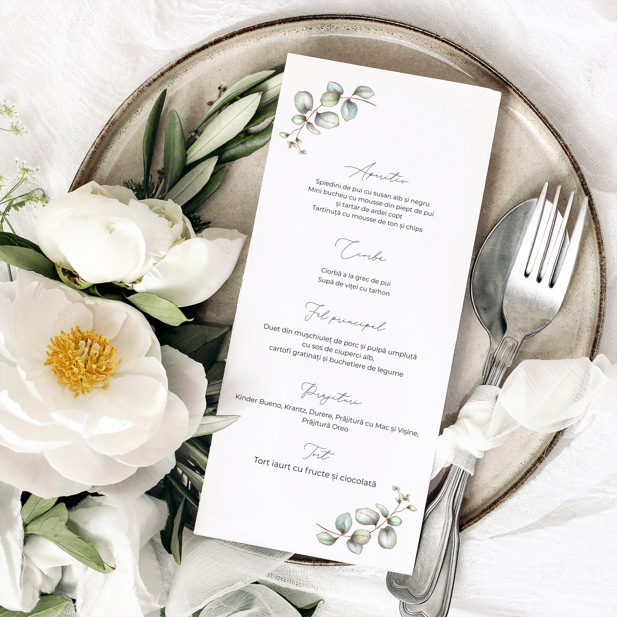 Meniu nuntă individual carton premium cu model floral romantic – Diandra Events.