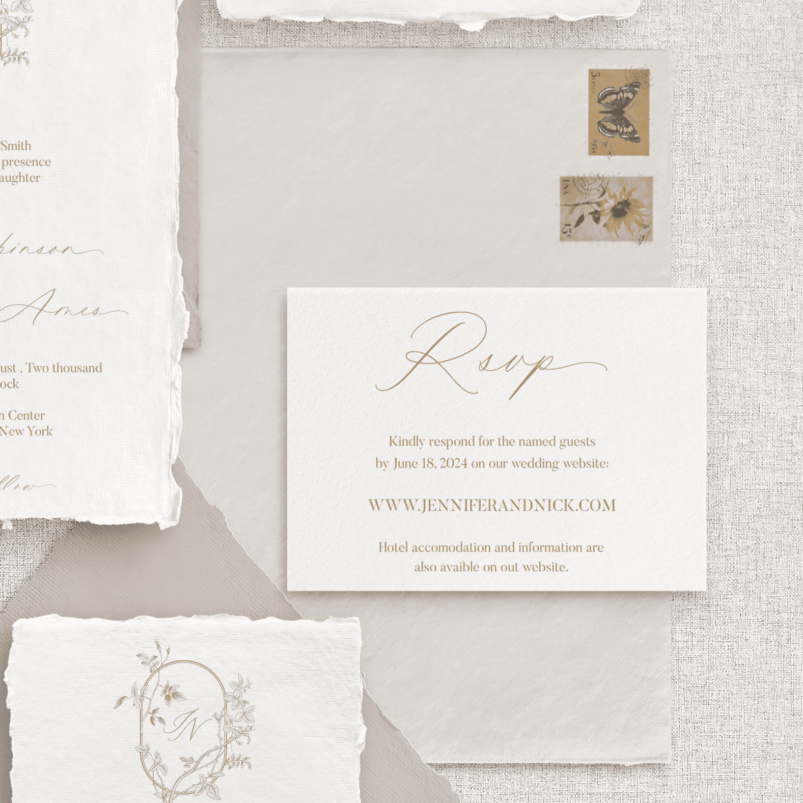 Card RSVP pentru confirmarea participării la nuntă, realizat manual pe hârtie fine art