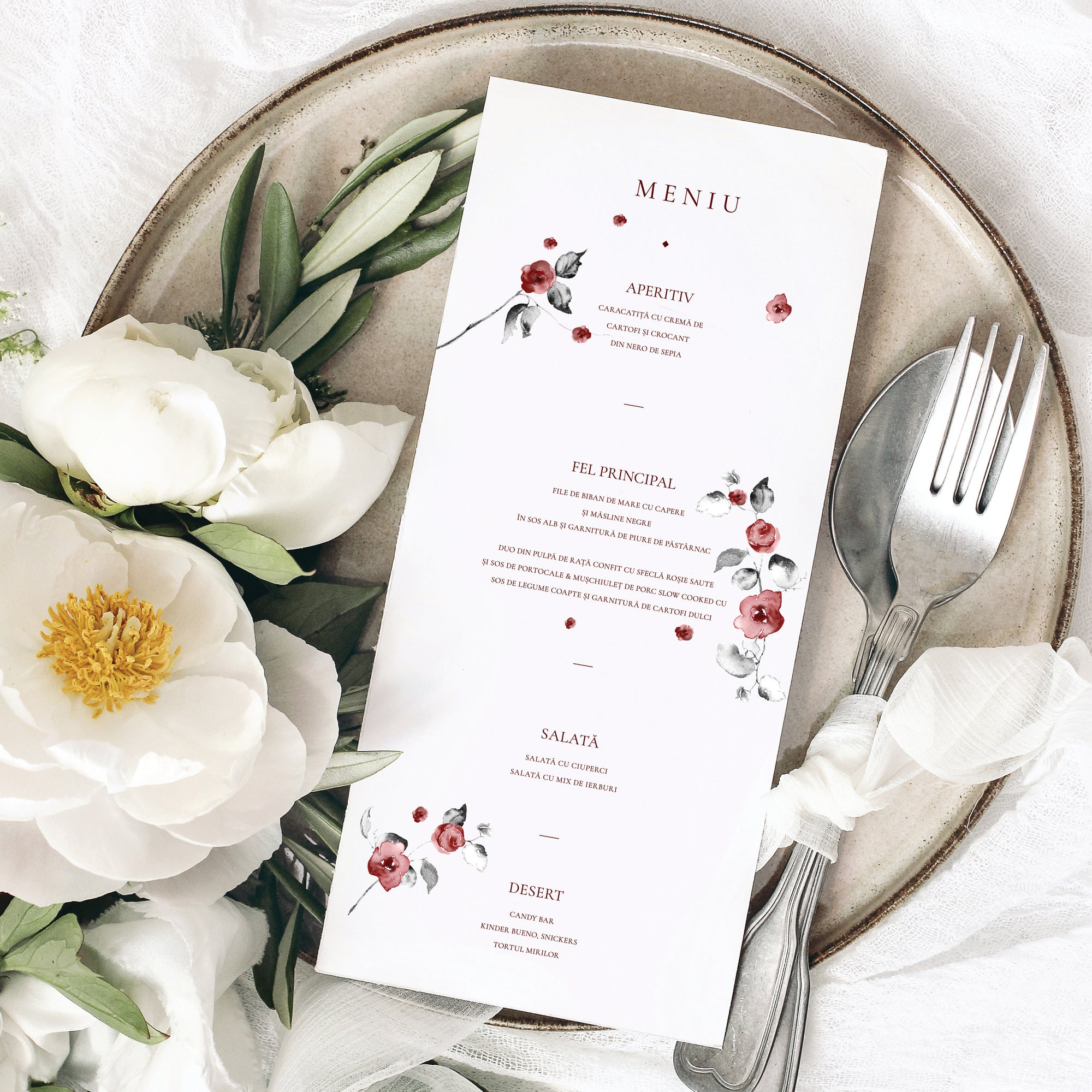 Meniu carton premium individual cu design floral vintage – Diandra Events.