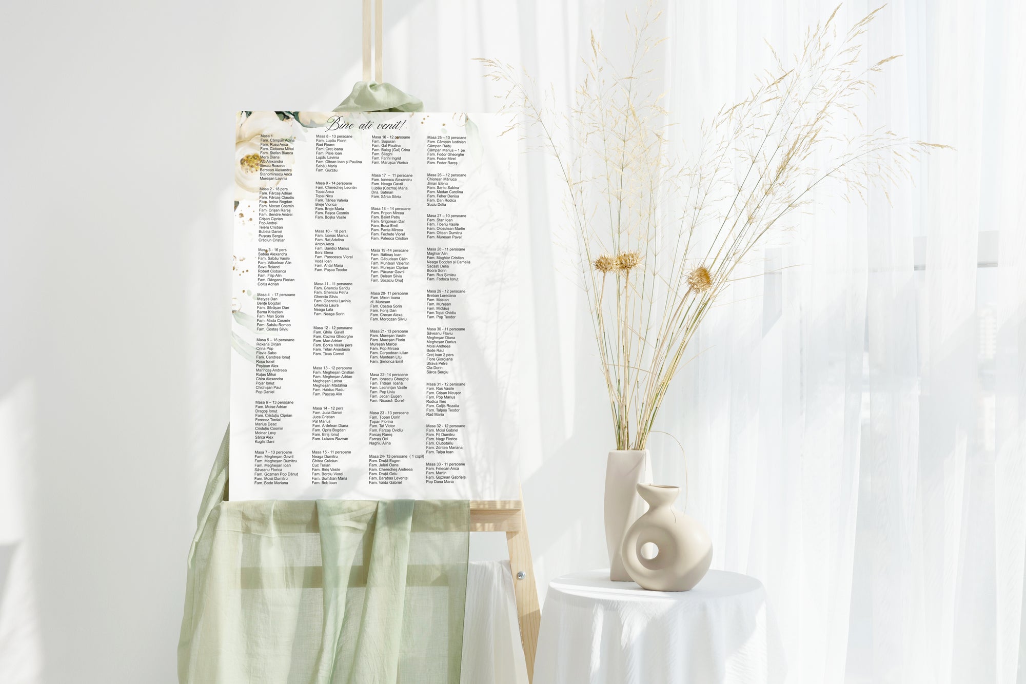 Plan masă PVC alb cu flori roz pastel gata realizate, Diandra Events