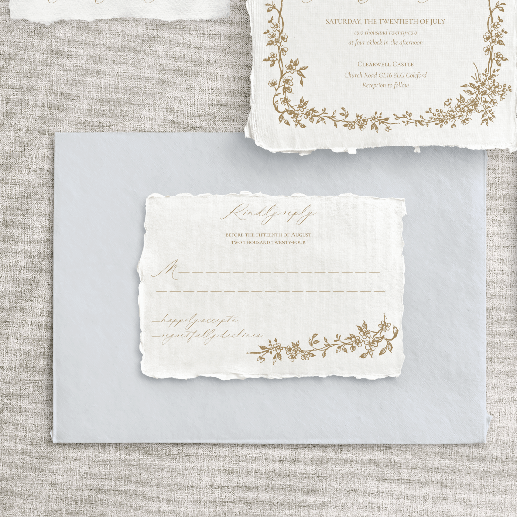 Invitații de nuntă aurii pe hârtie manuală ivory – design fine art personalizat – Diandra Events