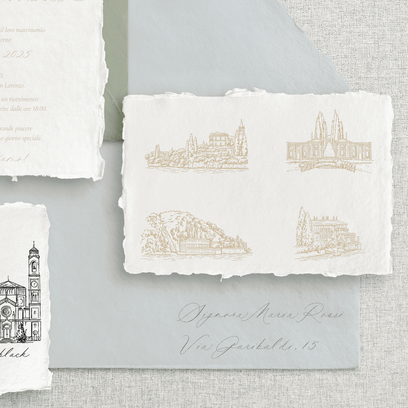 Card detalii nuntă hârtie manuală handmade cu locație desenată manual, papetărie elegantă de lux – Diandra Events