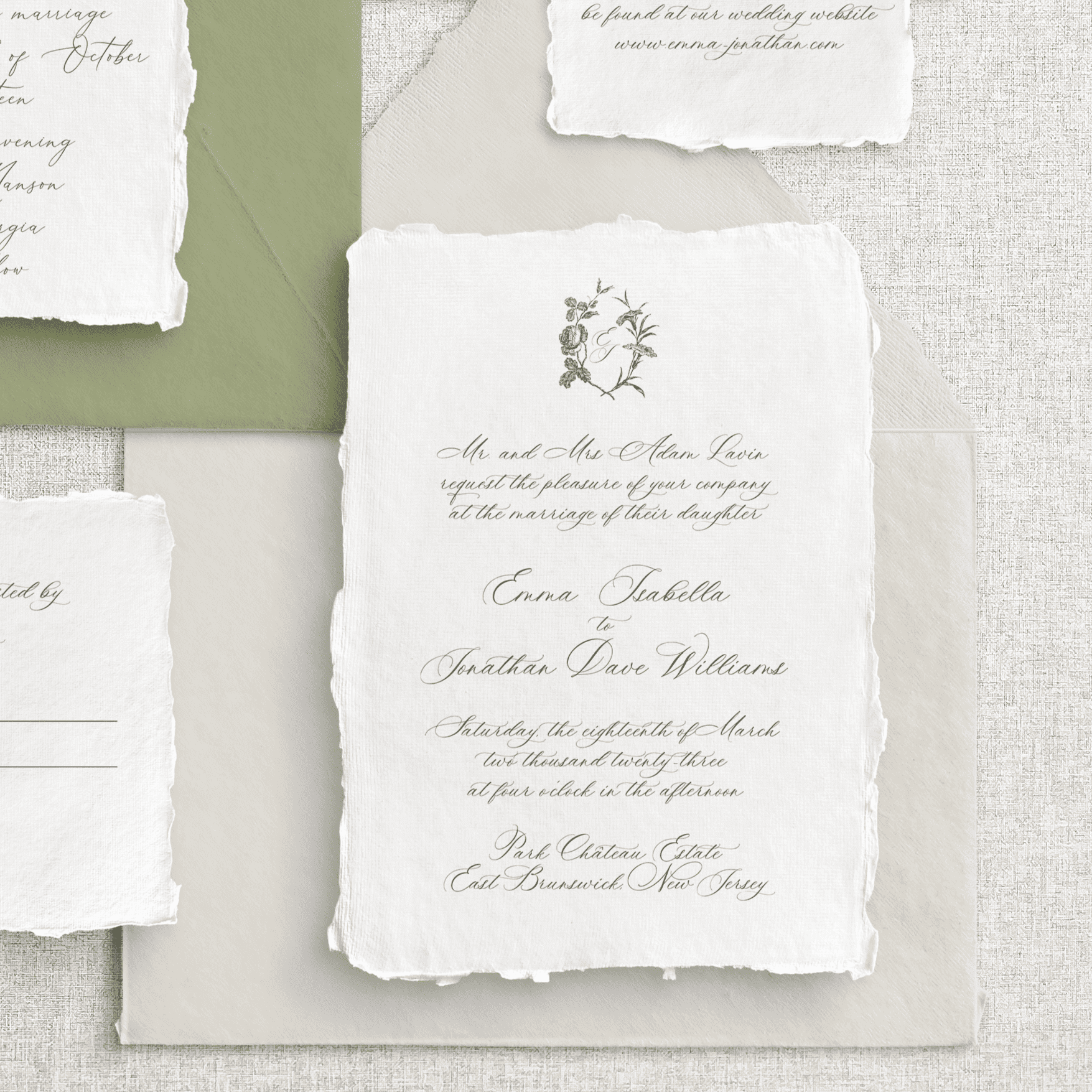 Papetărie nuntă premium cu panglică verde sage și sigiliu ceară pe hârtie manuală – Diandra Events