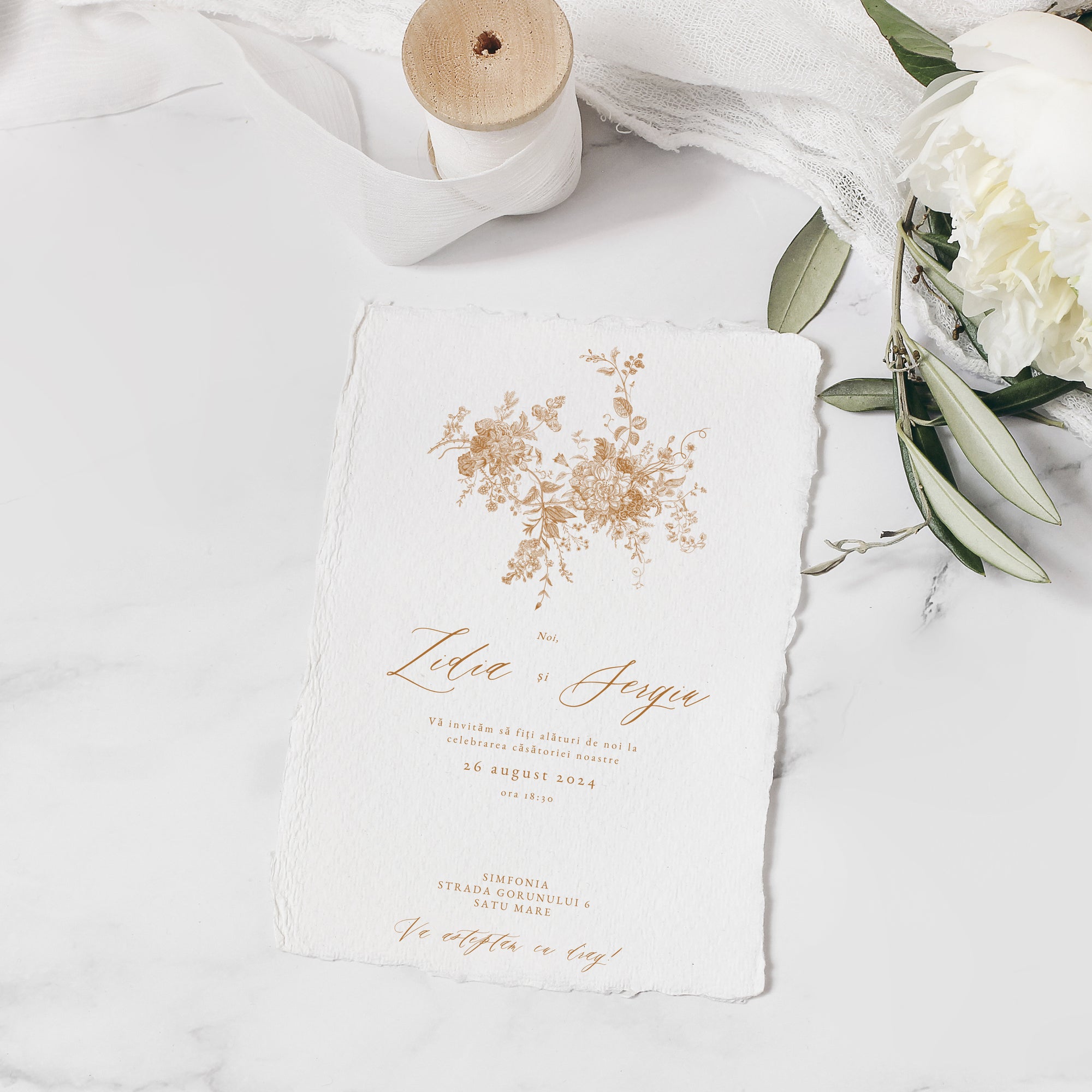 Invitație nuntă florală handmade din hârtie manuală, design modern minimalist, personalizată pentru nuntă Diandra Events