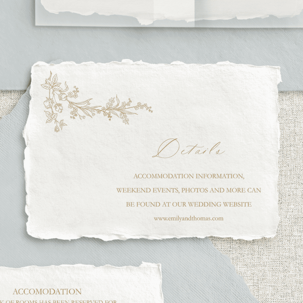 Card de detalii pentru nuntă realizat manual, cu design elegant de Diandra Events