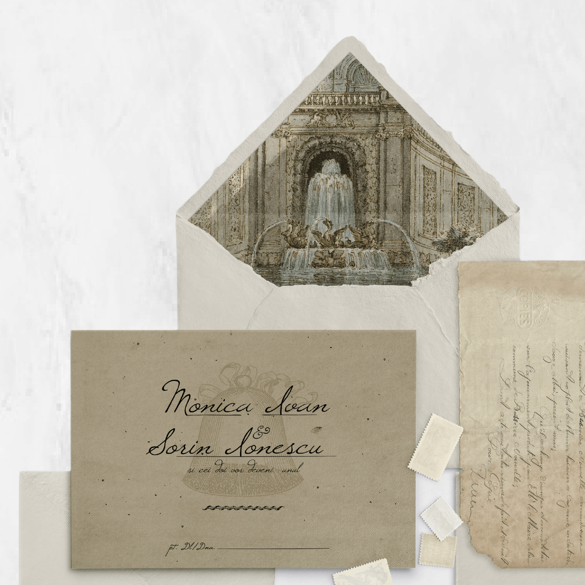 Invitație nuntă vintage clasică pe hârtie handmade texturată – stil epocă rafinat – Diandra Events România