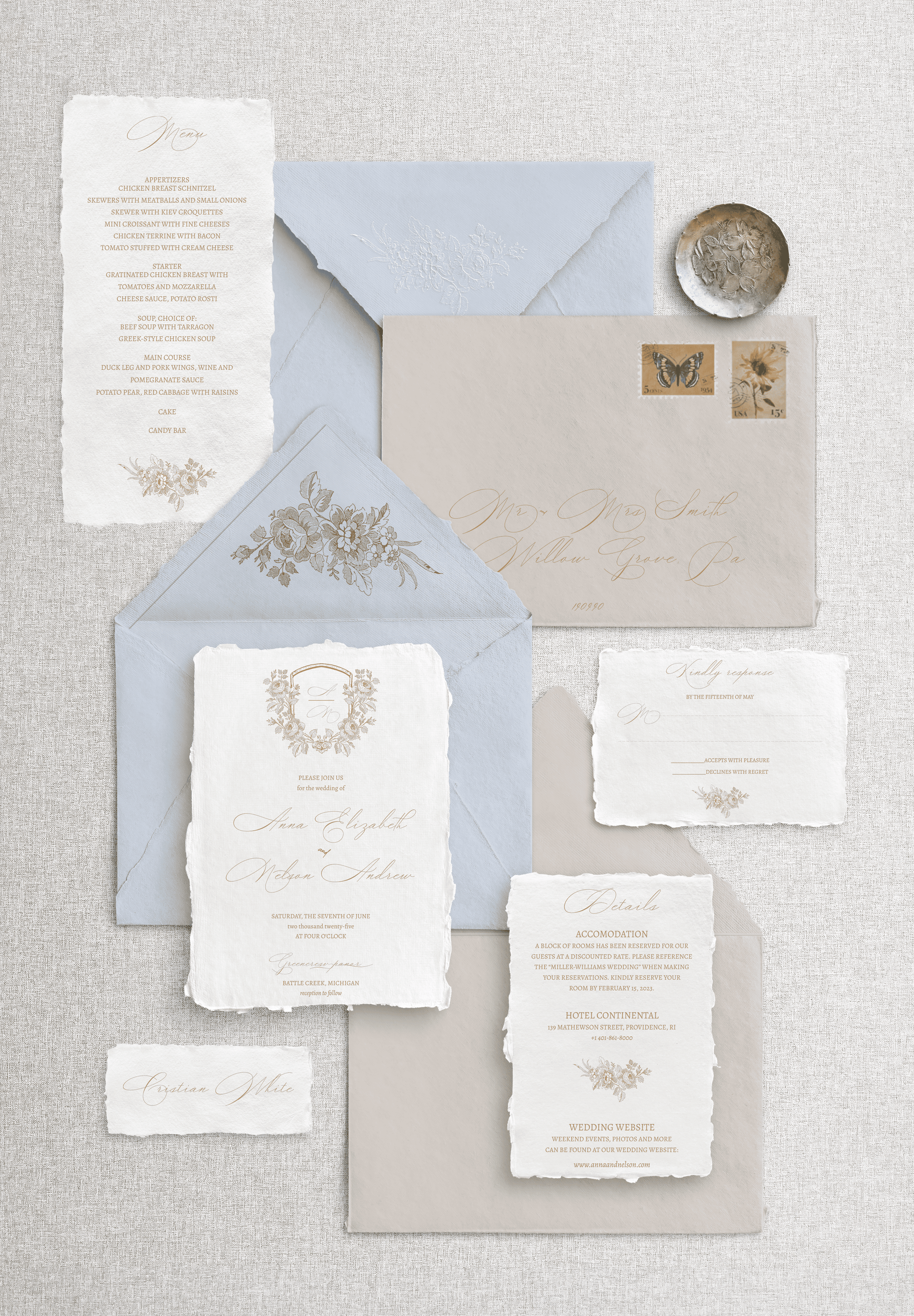 Invitație nuntă hârtie manuală handmade cu trandafiri florali eleganți și detalii tip dantelă, design romantic premium papetărie de lux – Diandra Events