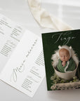 Meniu botez personalizabil cu fotografie bebeluș și fundal verde – model tip carte cu nume copil, ideal pentru botezuri cu decor natural - realizat de Diandra Events