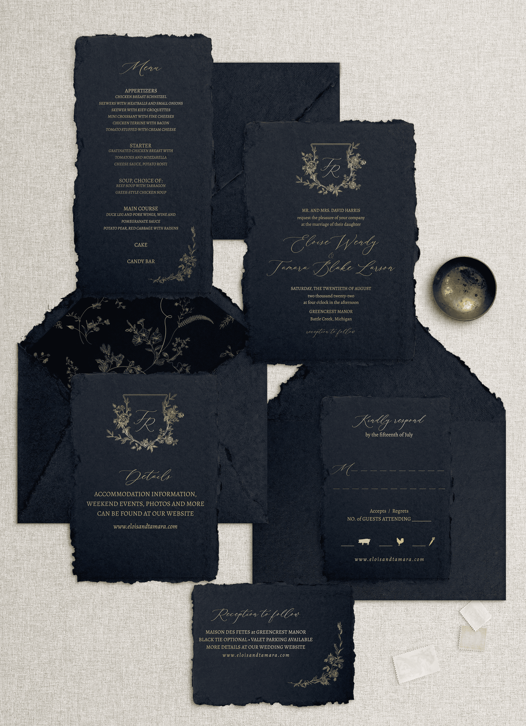 Invitație nuntă handmade hârtie manuală bleu-marin, set papetărie de lux cu meniu, card recepție și detalii – Diandra Events