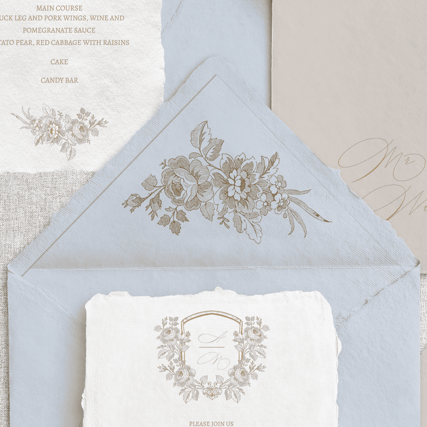 Invitație unică cu motive florale fine art, handmade pe hârtie manuală, semnată Diandra Events, calitate superioară