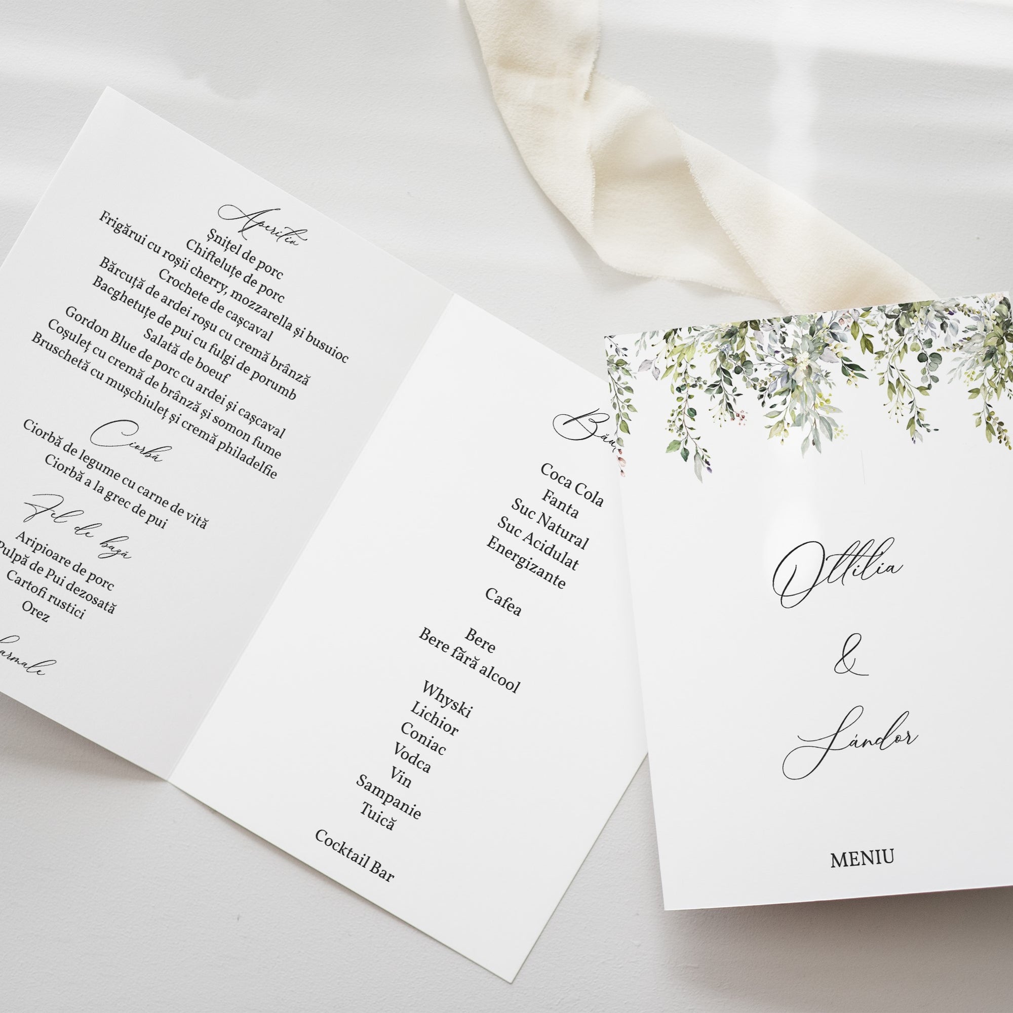 Meniu nuntă tip carte Diandra Events, design elegant, carton premium, personalizare integrală.