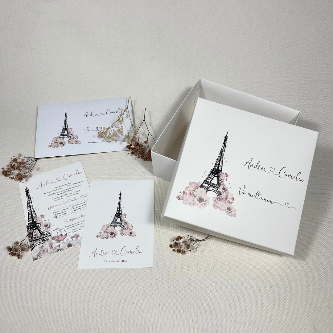 Cutie nuntă personalizată cu imprimeu floral romantic și turnul Eifel Paris