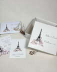 Cutie nuntă personalizată cu imprimeu floral romantic și turnul Eifel Paris