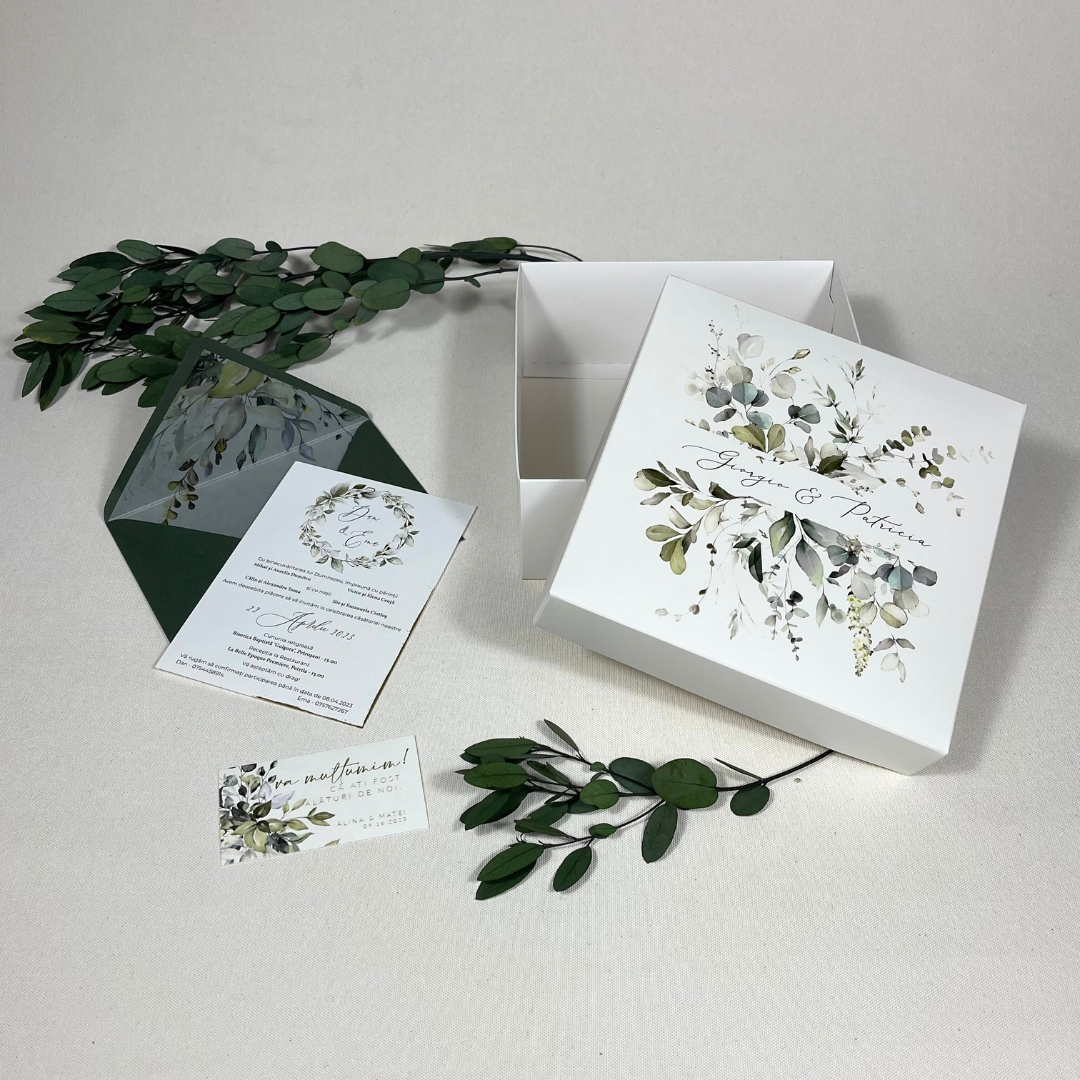 Ambalaj premium pentru nuntă cu flori vintage și elemente personalizate