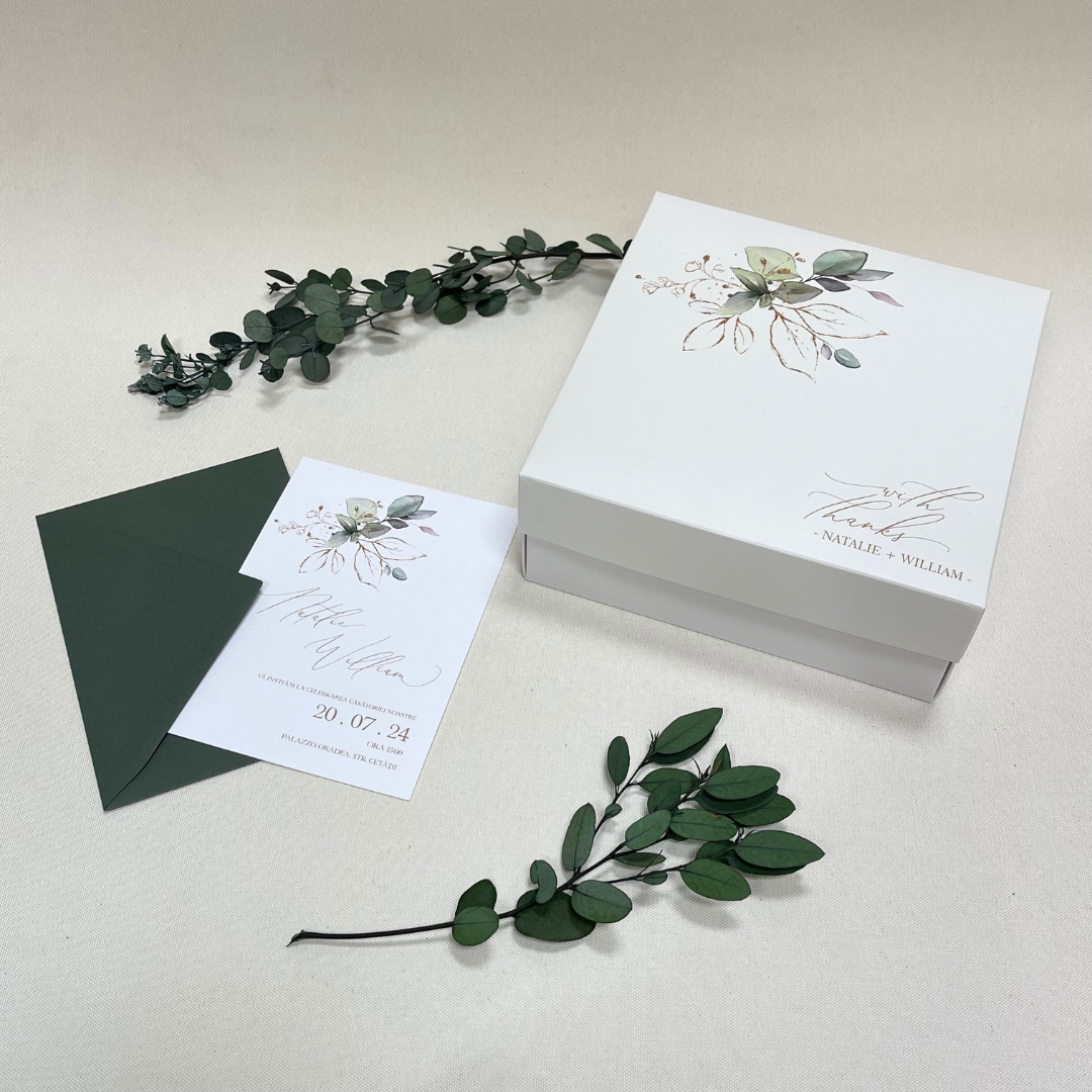 Cutie florală personalizată pentru cadouri de nuntă în stil fine art