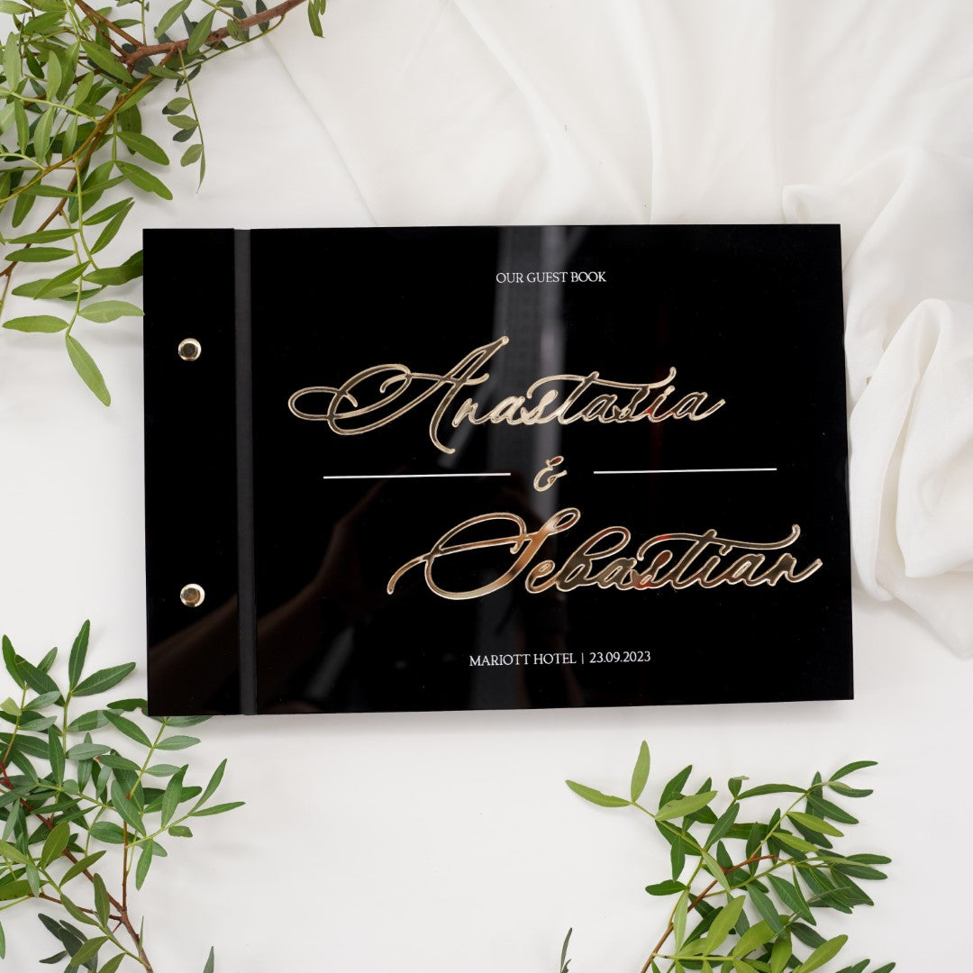 Guest book acrilic negru personalizabil, litere aurii 3D, design premium Diandra Events