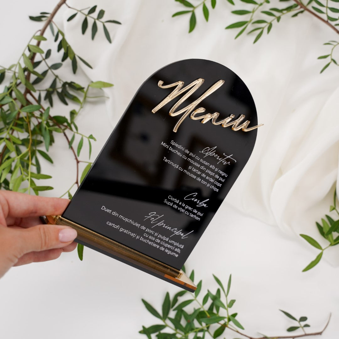 Meniu nuntă acrilic alb personalizat cu detalii elegante