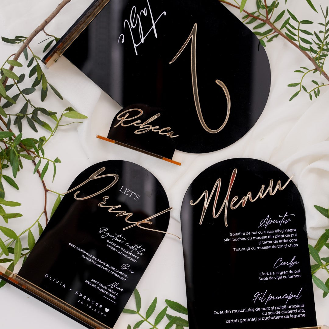Meniu nuntă acril negru cu fonturi elegante și personalizare Diandra Events