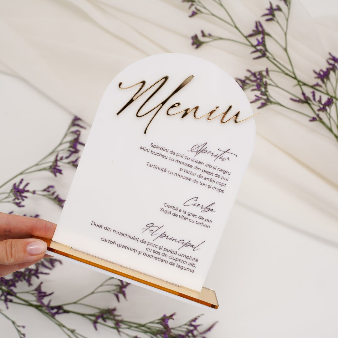 Meniu nuntă acrilic personalizat, design elegant premium, Diandra Events