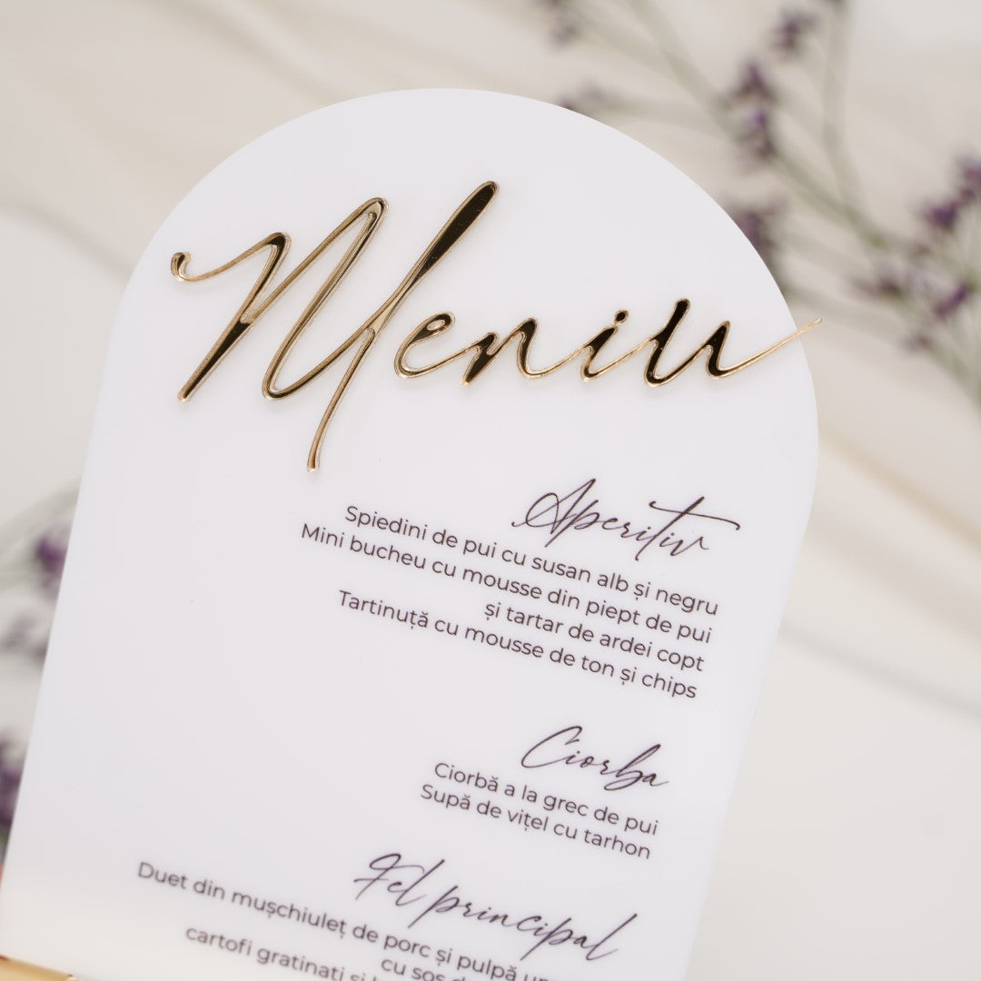 Meniu acrilic alb personalizat, decor de lux pentru nuntă