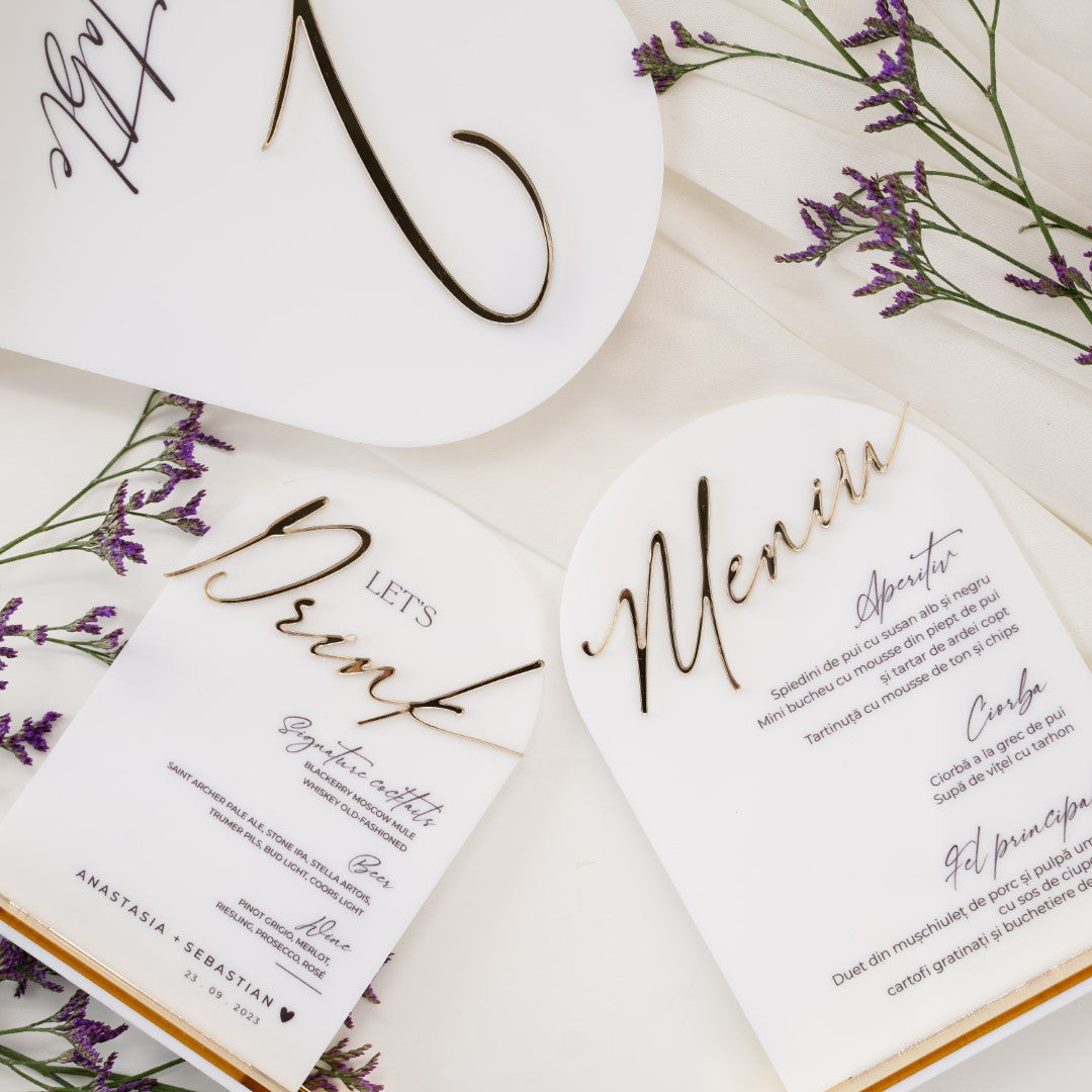 Meniu de nuntă acrilic negru elegant, produs premium Diandra Events