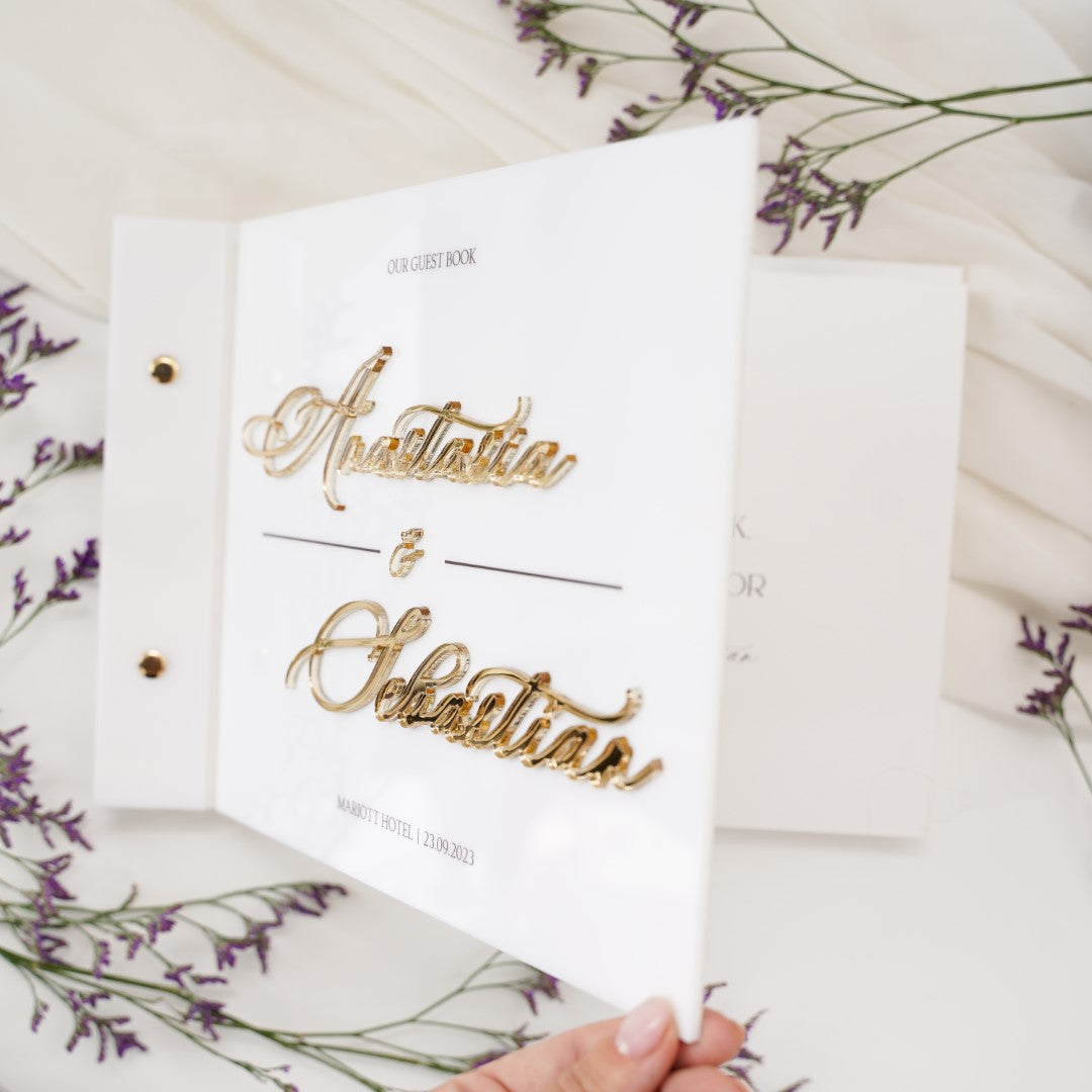 Guest book acrilic alb Soft Touch personalizabil, nume auriu 3D, model premium Diandra Events