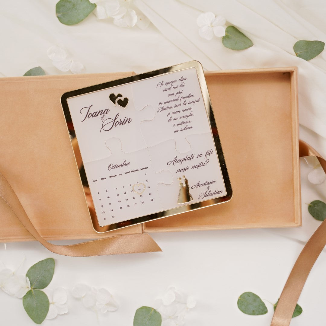Invitație puzzle exclusivistă pentru nuntă cu design elegant – Diandra Events.