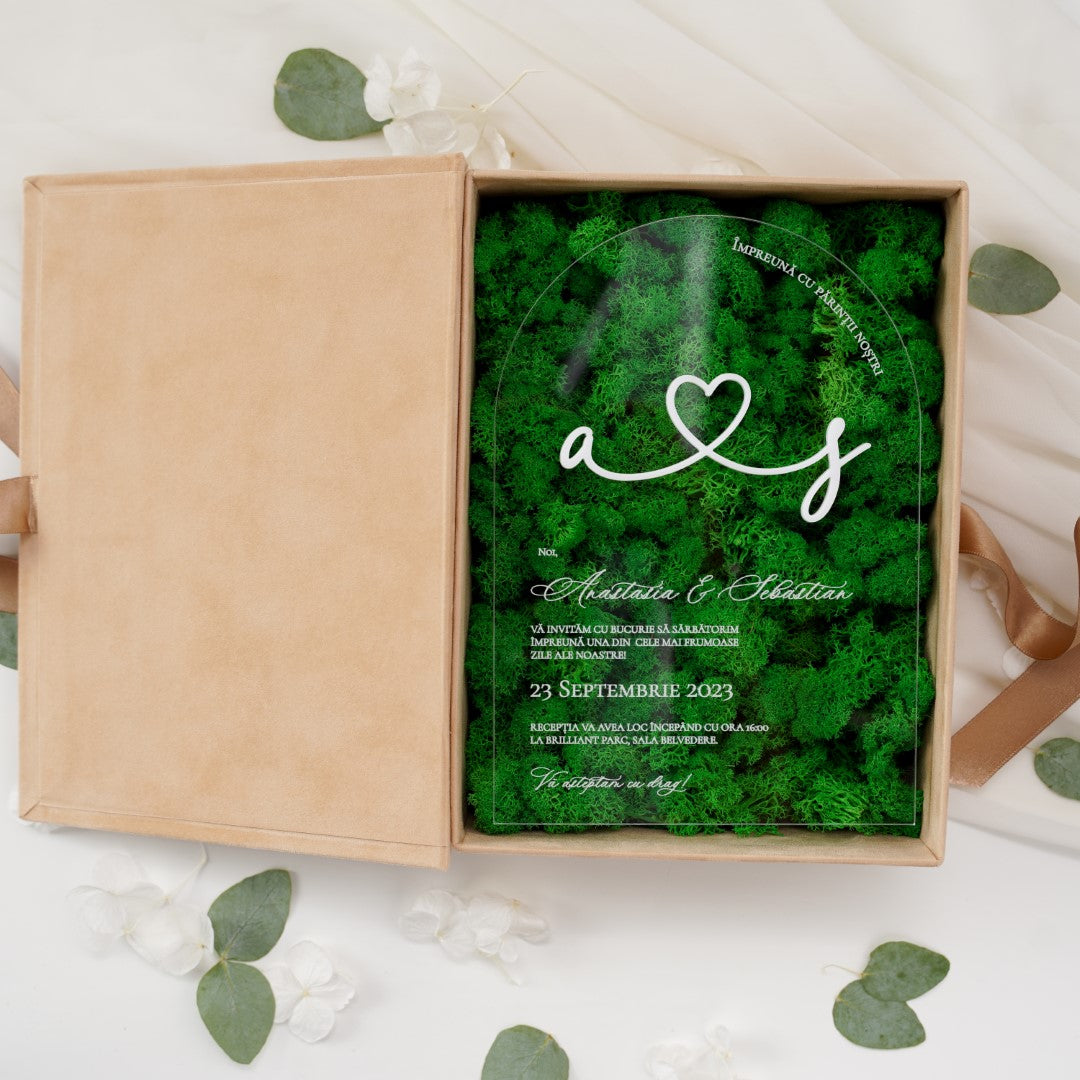 Model exclusivist invitație nuntă acrilică cu licheni stabilizați