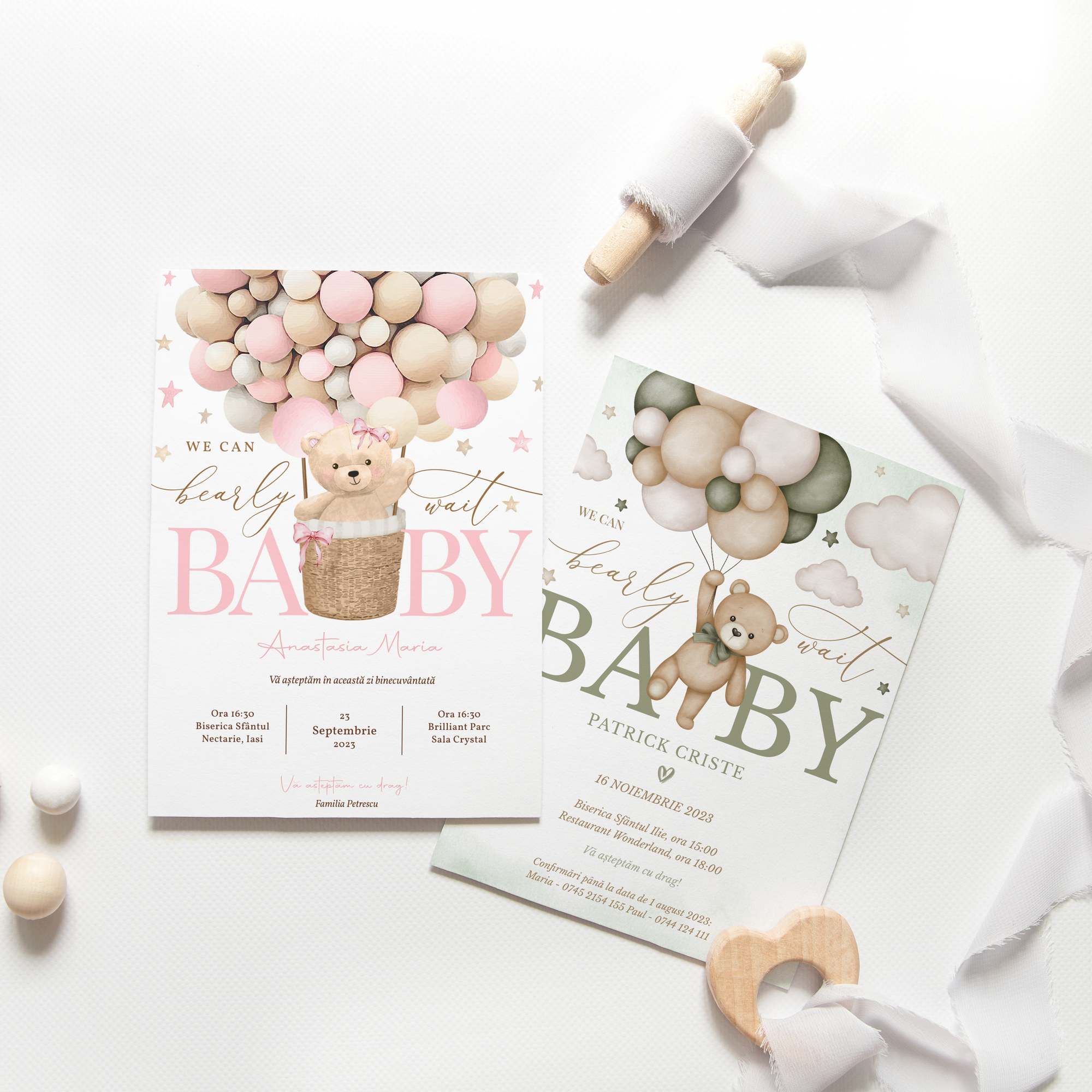 Set de invitații botez cu ursuleț și baloane pastel – model roz pentru fetiță și verde pentru băiat, design jucăuș și tematică ‘We can bearly wait’ – Diandra Events.
