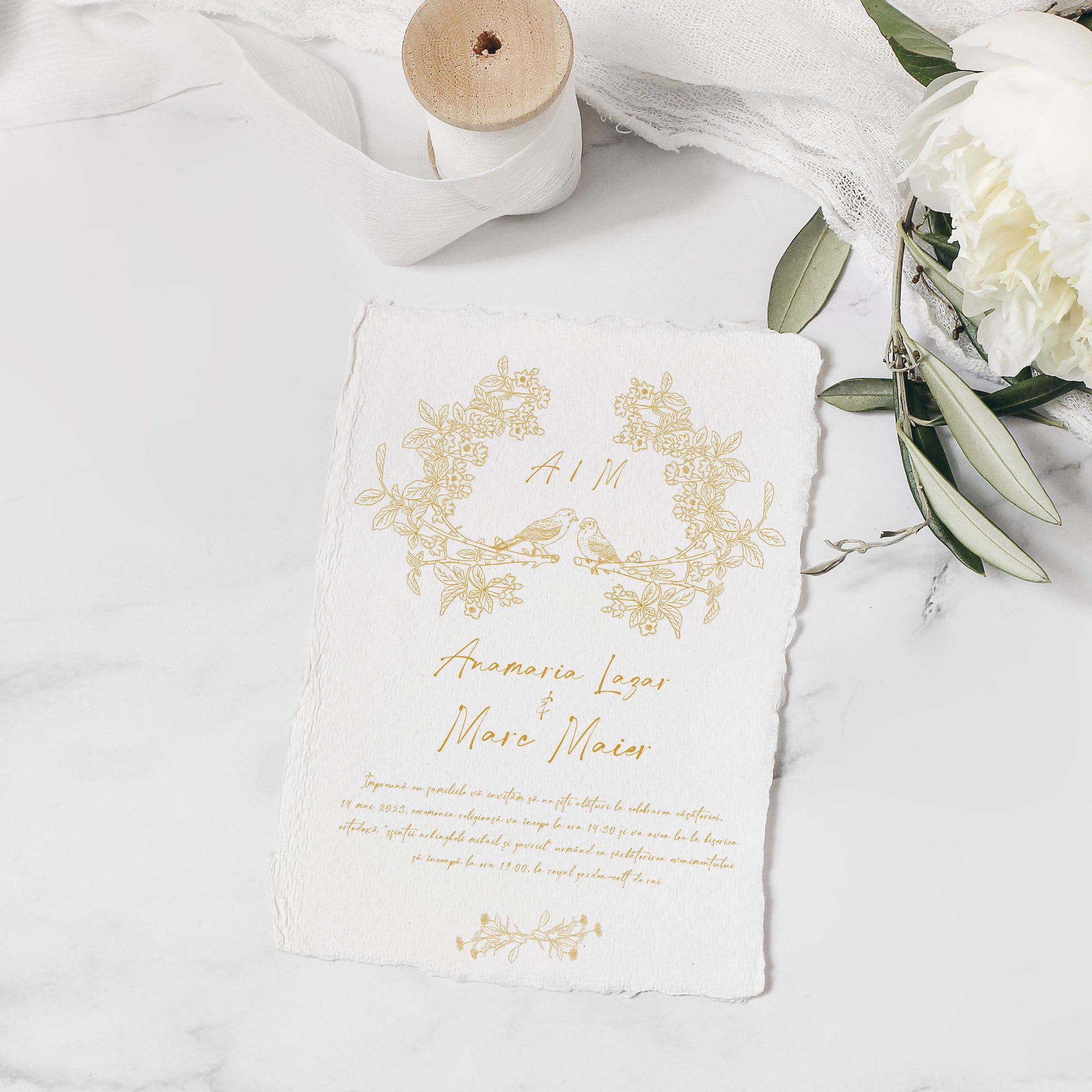 Invitație florală handmade premium, hârtie manuală rafinată, design modern și elegant Diandra Events