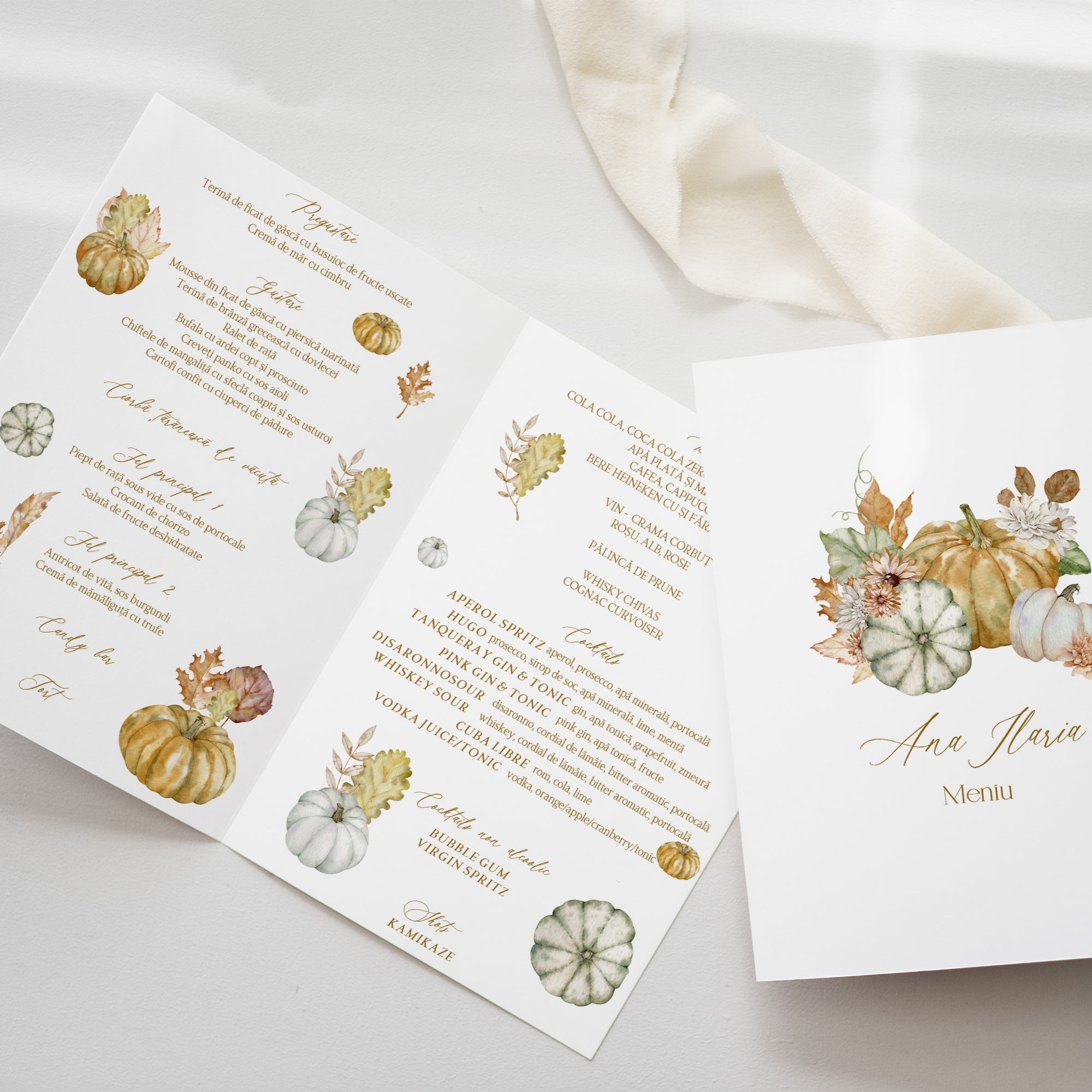 Meniu botez personalizabil cu dovleci acuarelă – design de toamnă, tip carte, perfect pentru botezuri cu tematică rustică - realizat de Diandra Events