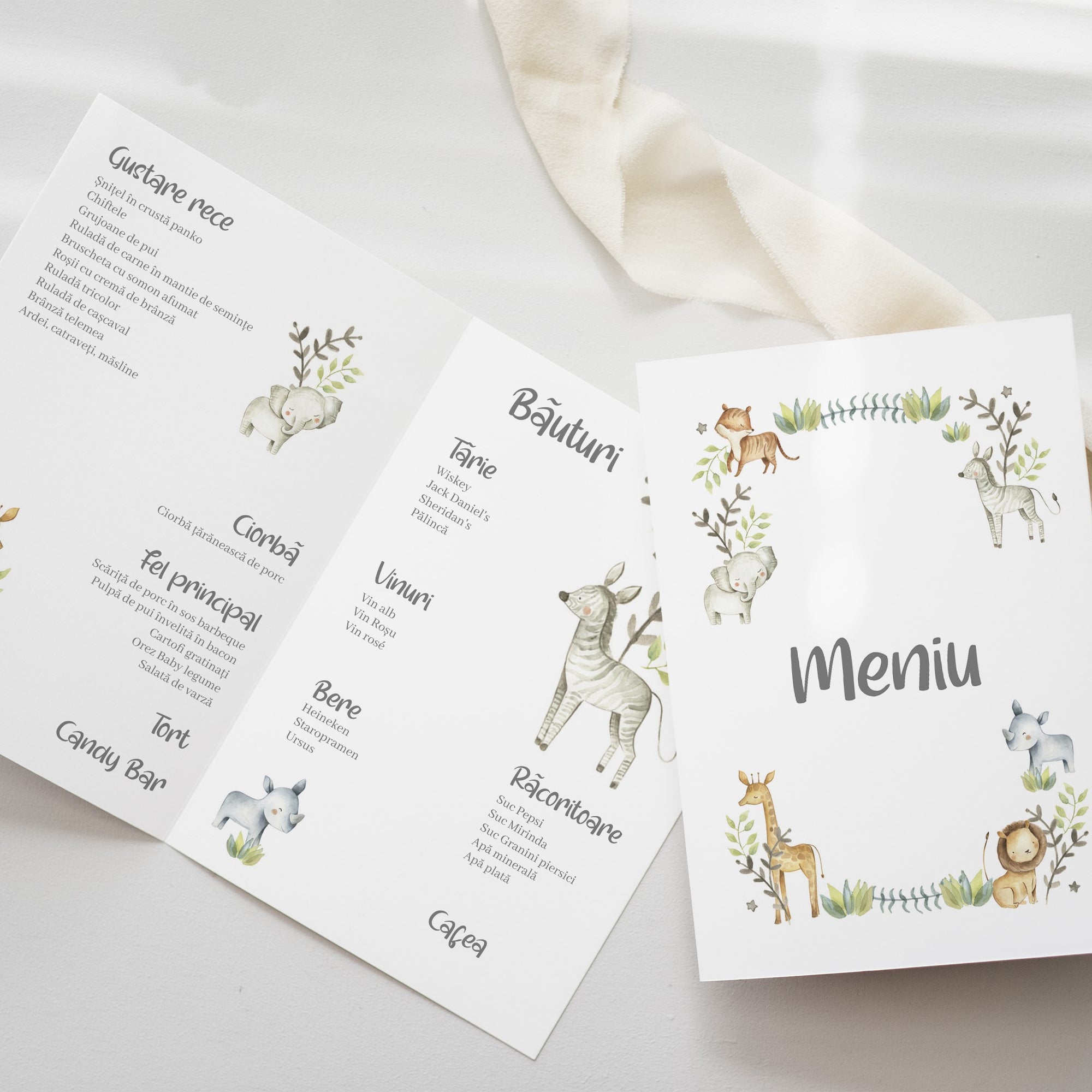 Meniu botez tip carte personalizabil cu tematică safari – design cu animale acvatice și tropicale, ideal pentru evenimente tematice de botez - realizat de Diandra Events