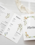 Meniu botez tip carte personalizabil cu tematică safari – design cu animale acvatice și tropicale, ideal pentru evenimente tematice de botez - realizat de Diandra Events