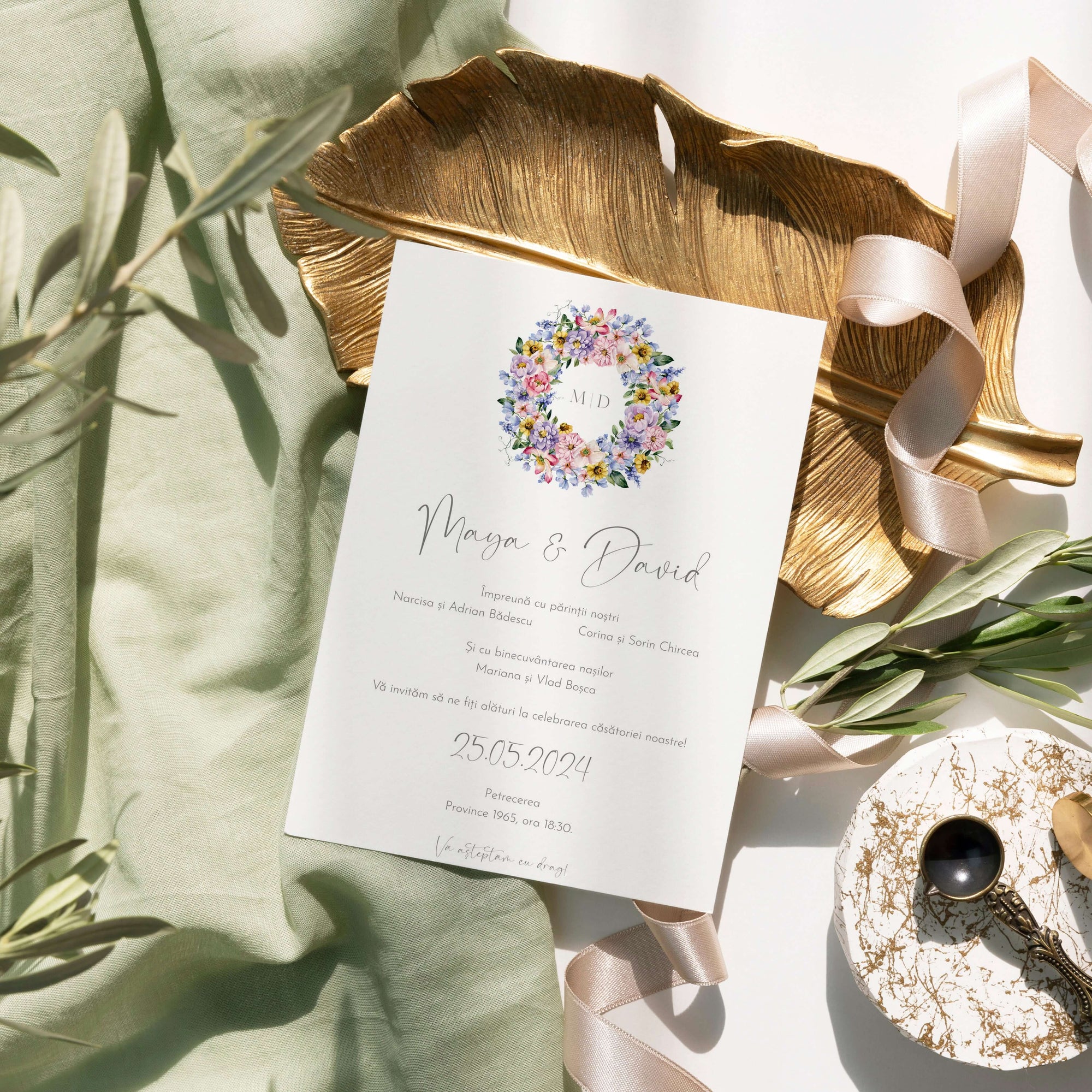 Invitație nuntă florală acuarelă elegantă personalizată – Diandra Events