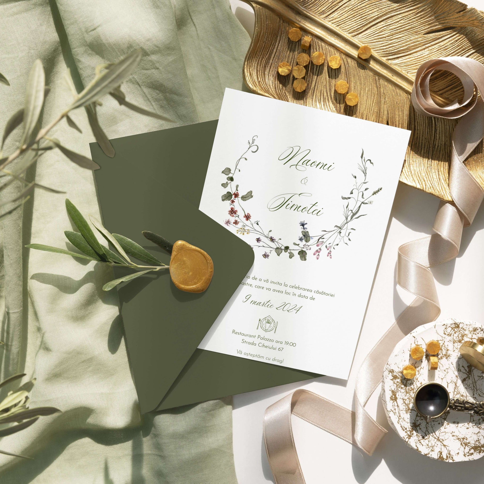 Invitație nuntă florală modernă pe hârtie premium semi personalizată – Diandra Events