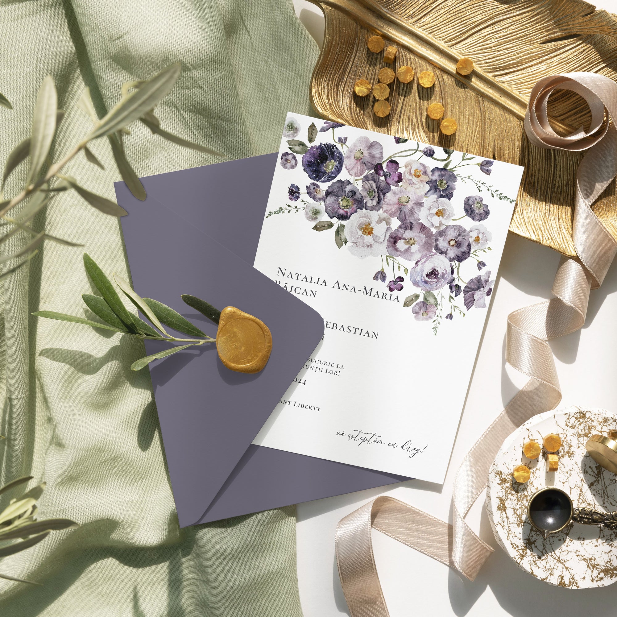 Invitație nuntă florală elegantă Purple Flowers, papetărie de lux premium personalizată – Diandra Events