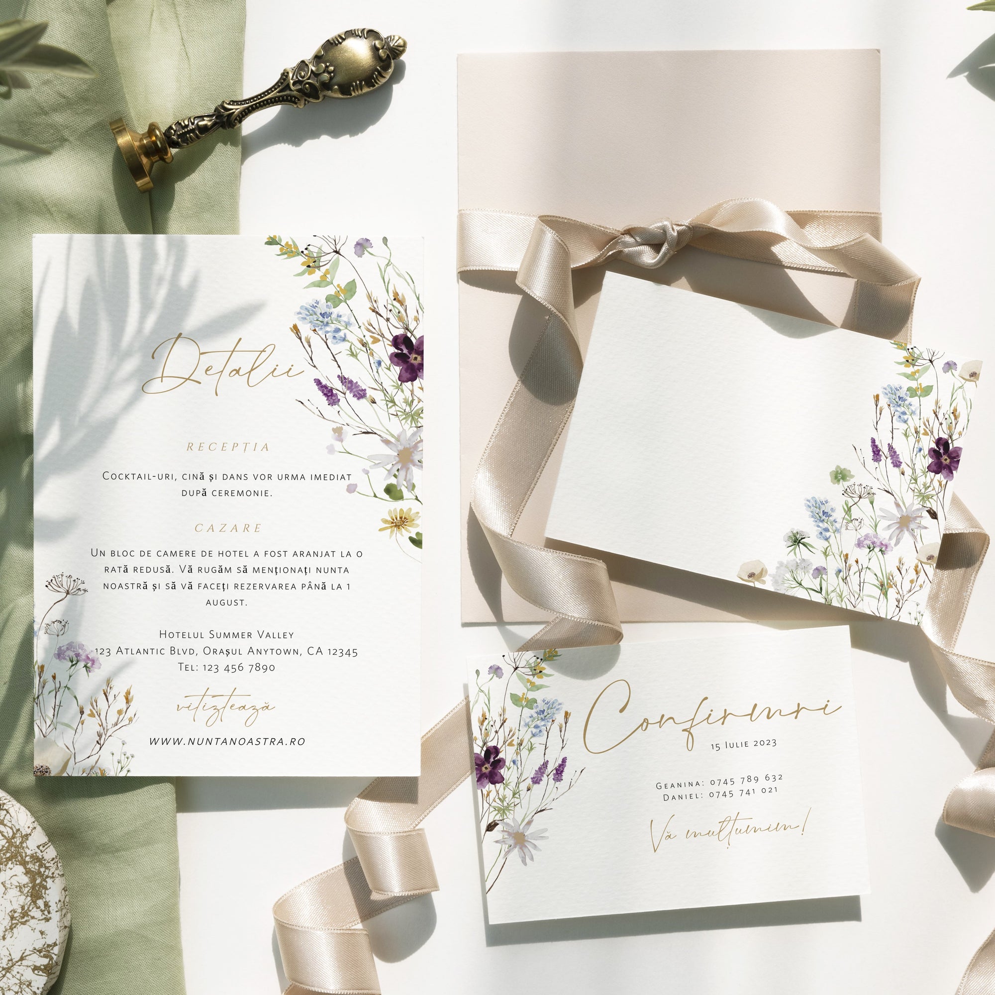 Set card de detalii și confirmare pentru nuntă, design floral romantic pe hârtie premium – Diandra Events