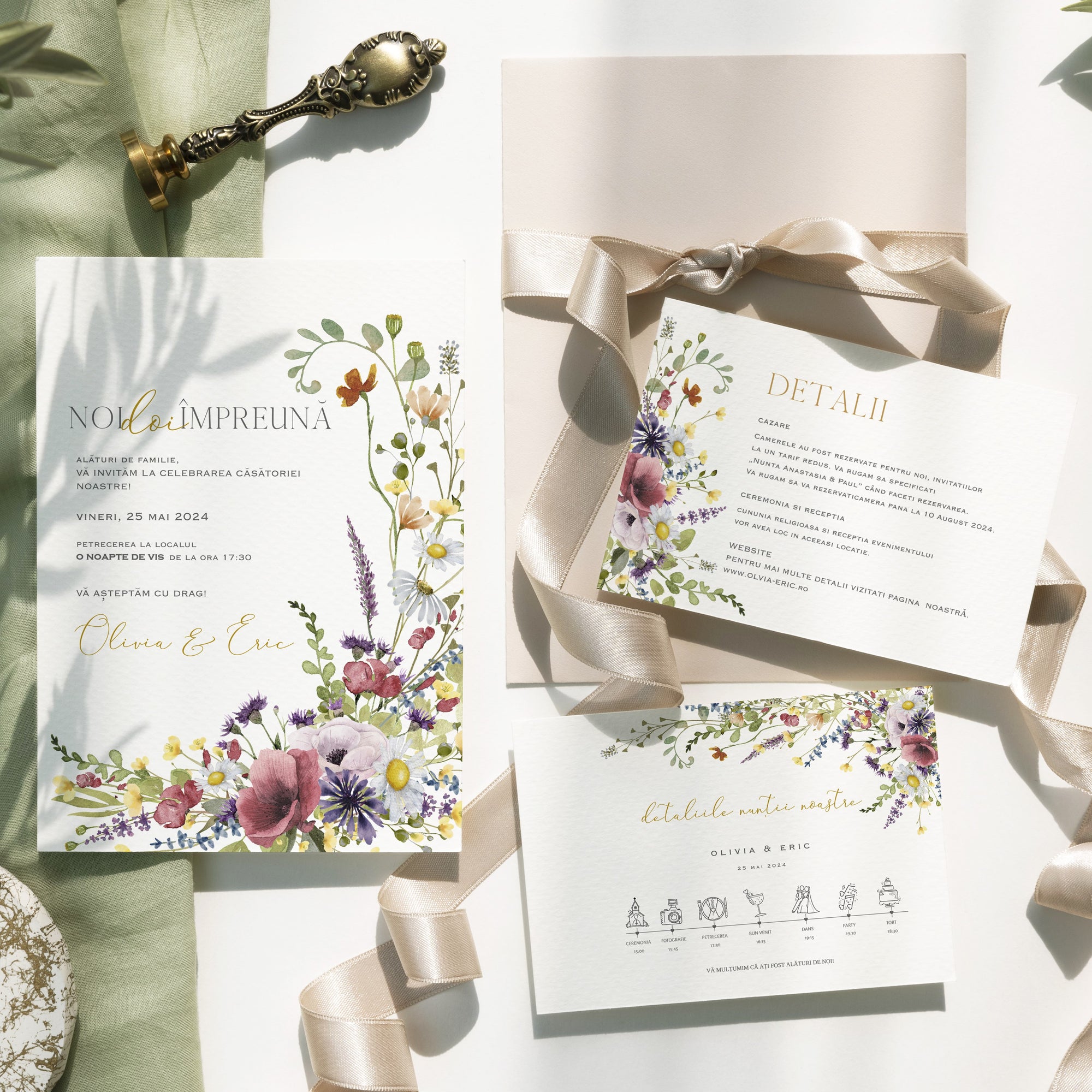 Set complet papetărie nuntă floral acuarelă: invitații, meniu și etichete – Diandra Events