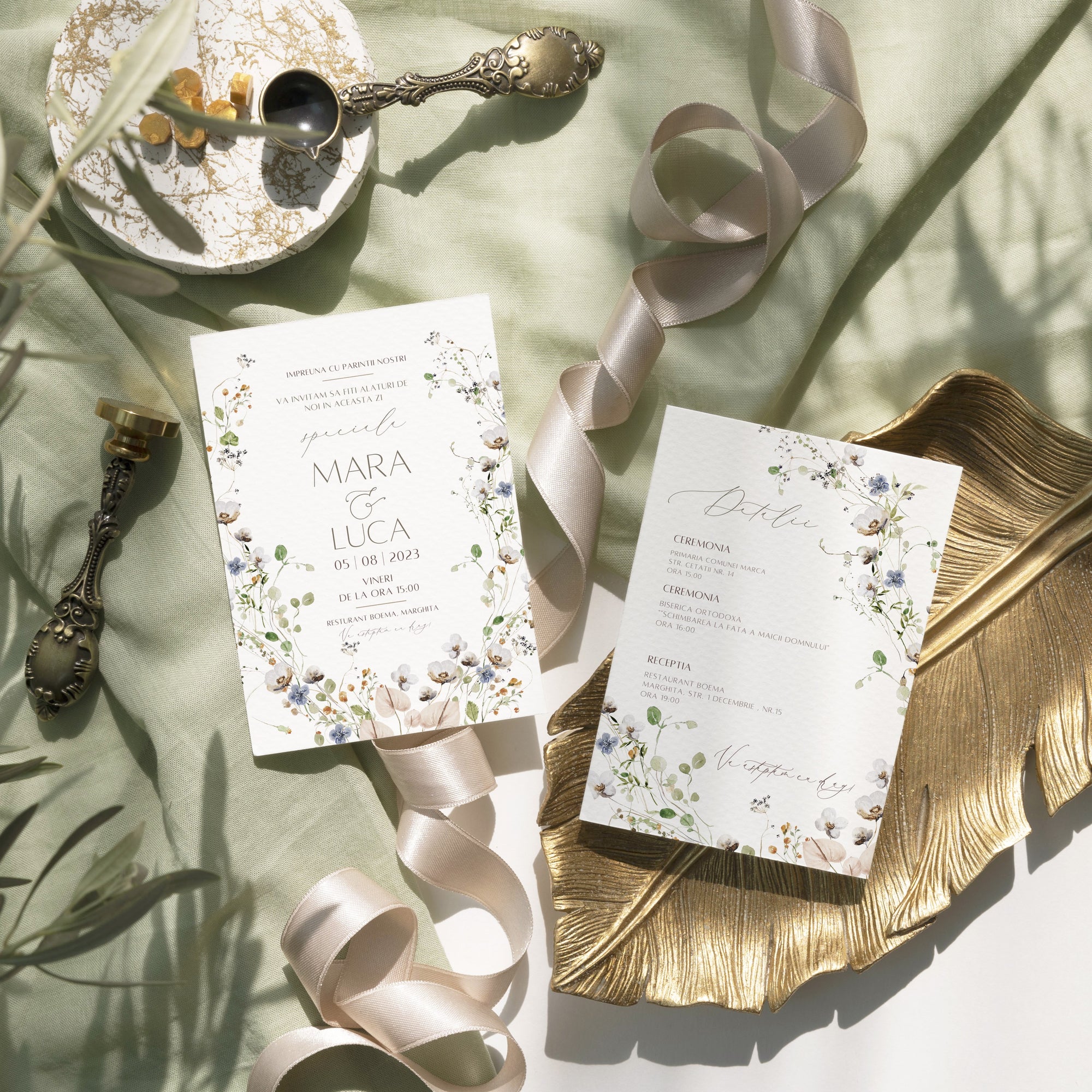 Invitație de nuntă florala și Card detalii nuntă pe hârtie handmade cu design floral – Diandra Events