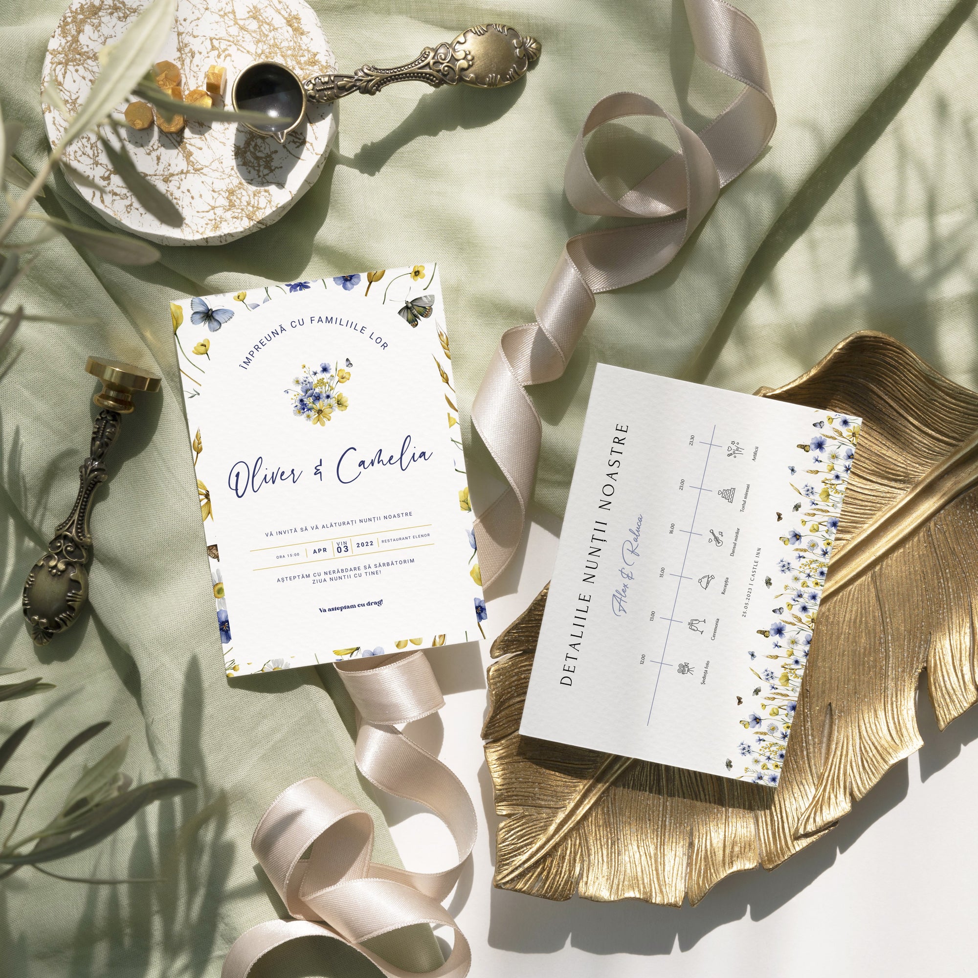 Invitație nuntă Sarah florală elegantă albastru și galben vibrant, design premium papetărie de lux – Diandra Events